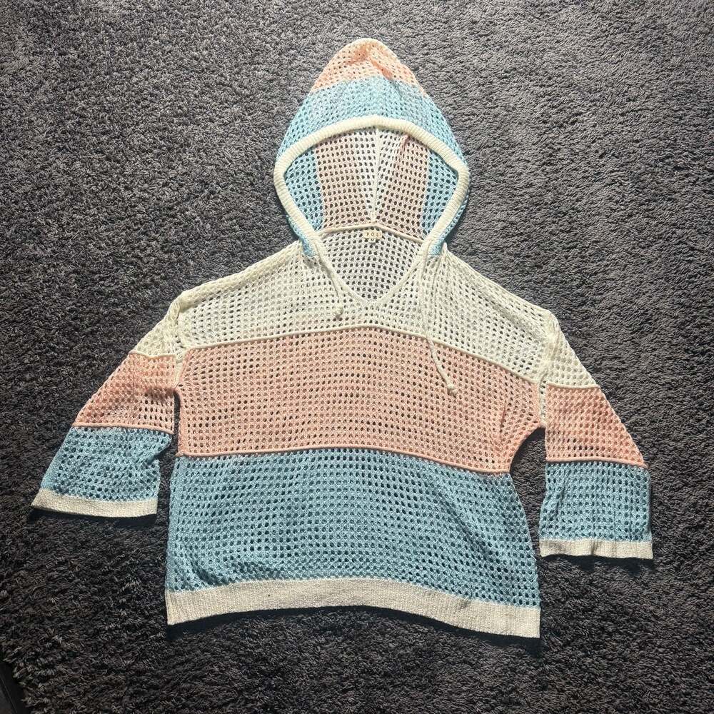 POL Womens Pastel Colorblock Open Knit Crochet Hooded Sweater Coastal Medium